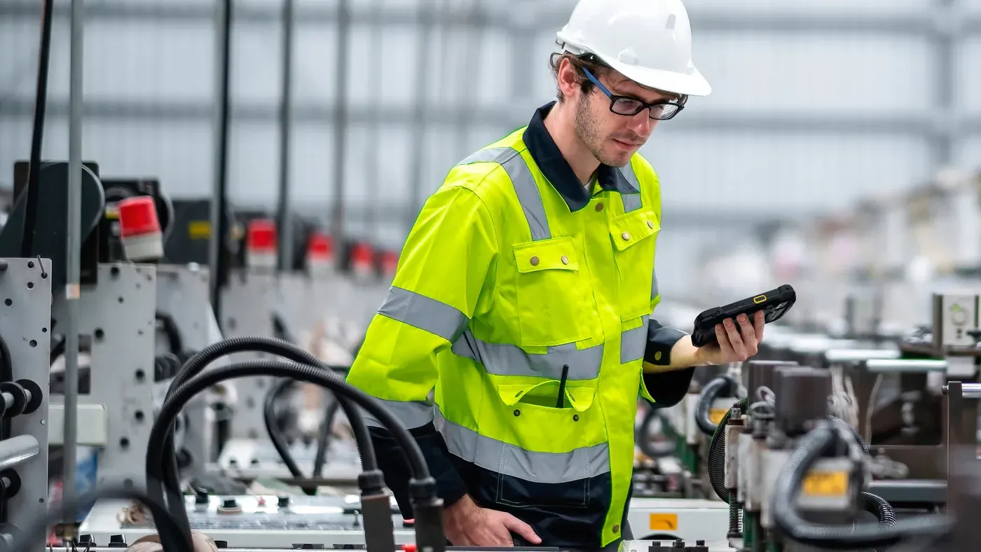 Production worker in a hard hat checking items with a handheld scanner