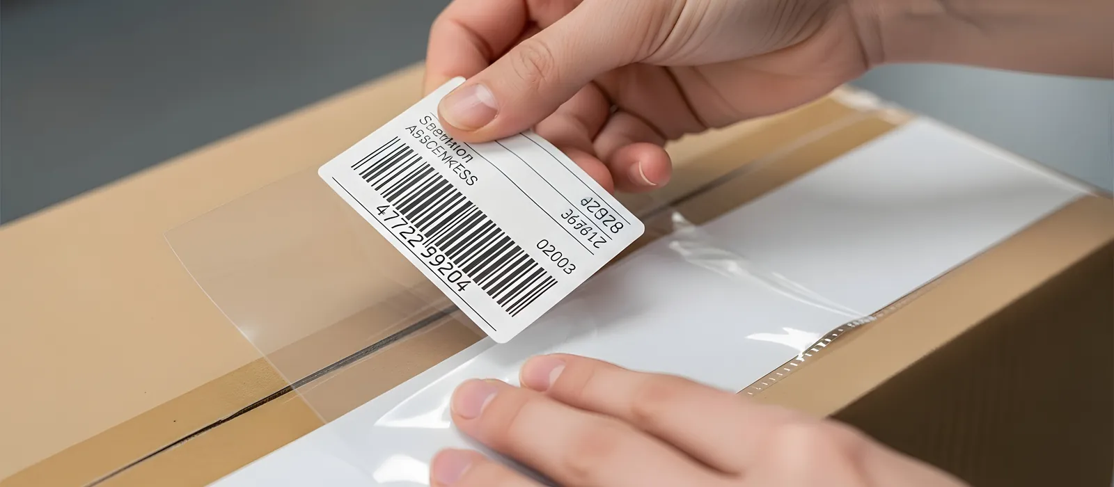 Hands applying a printed barcode shipping label to a cardboard box