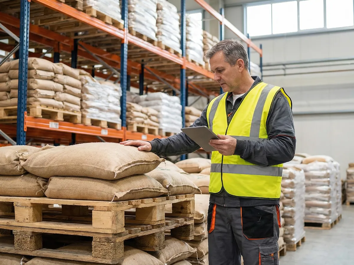 Sacks of dry goods on pallets