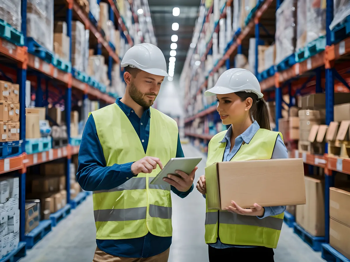 Two warehouse workers checking an order on a tablet in a racking aisle