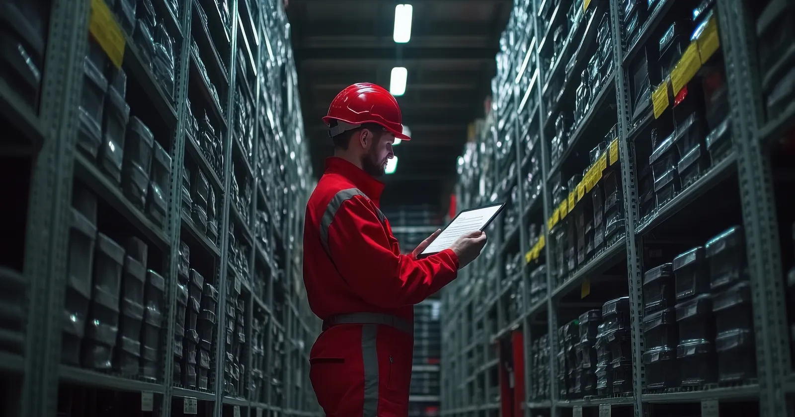 Warehouse worker in red workwear using a tablet in a high-bay aisle
