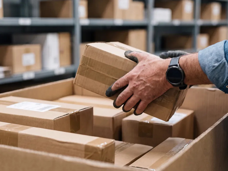 Warehouse worker lifting a carton from a container during receiving