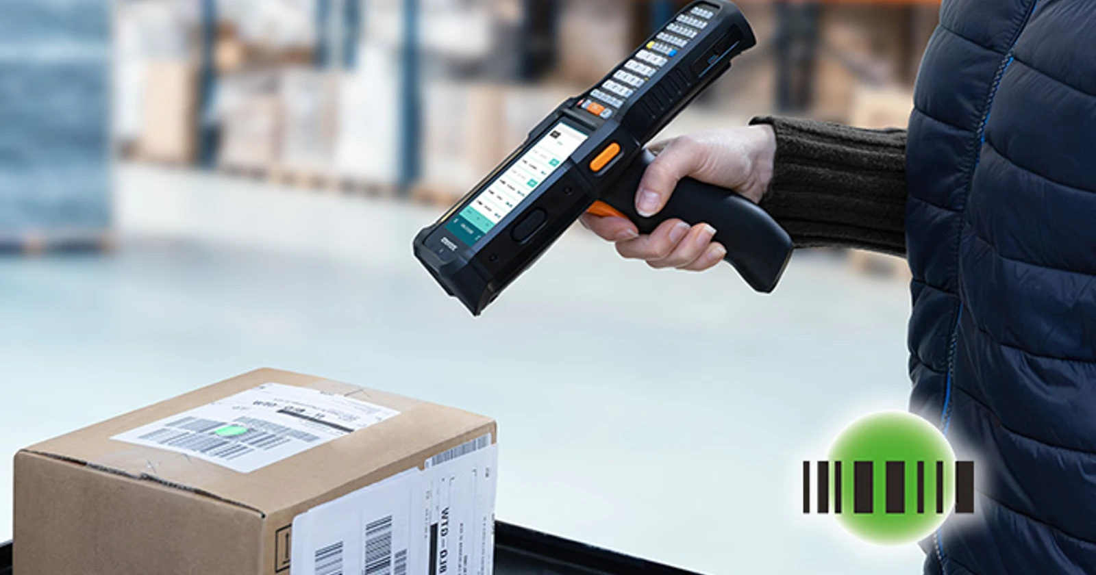 Datalogic promotional Falcon image illustrating package scanning and Green Spot feedback