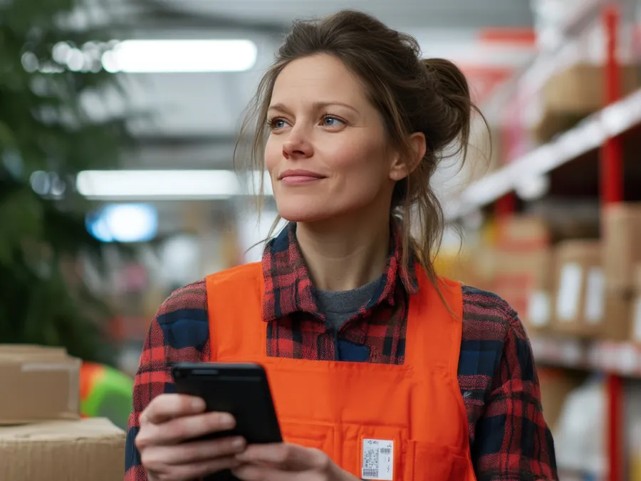Store employee using a mobile phone app at the shelves