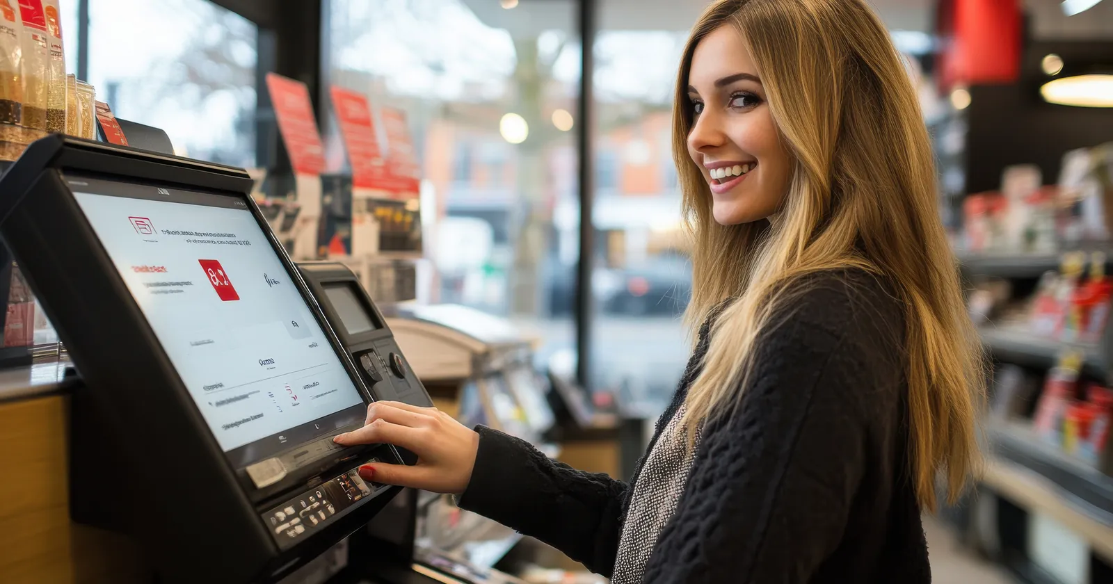 Customer paying at a self-checkout touchscreen terminal
