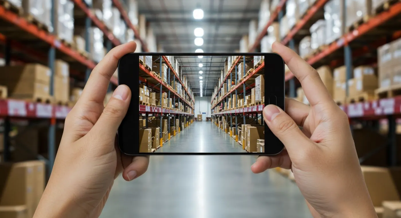 Phone camera view of a warehouse aisle during picking