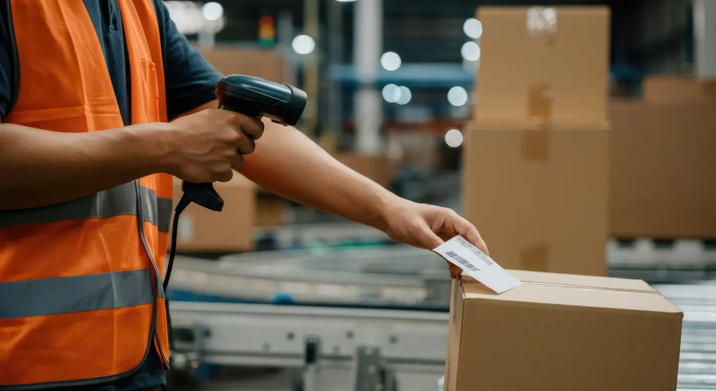 Worker in a high-visibility vest scanning a label on a box