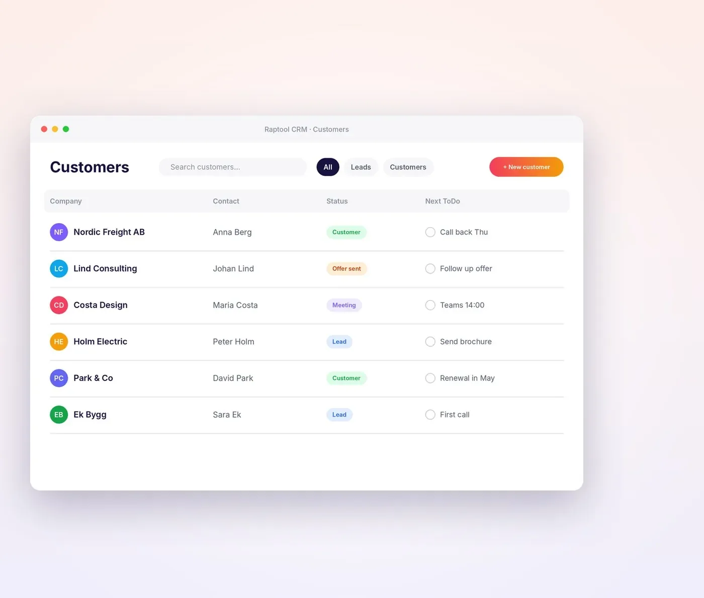 Raptool CRM customer list with status and owner for each customer