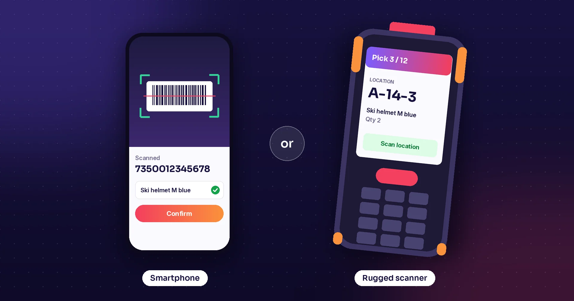 A smartphone scanning a barcode next to a rugged handheld scanner