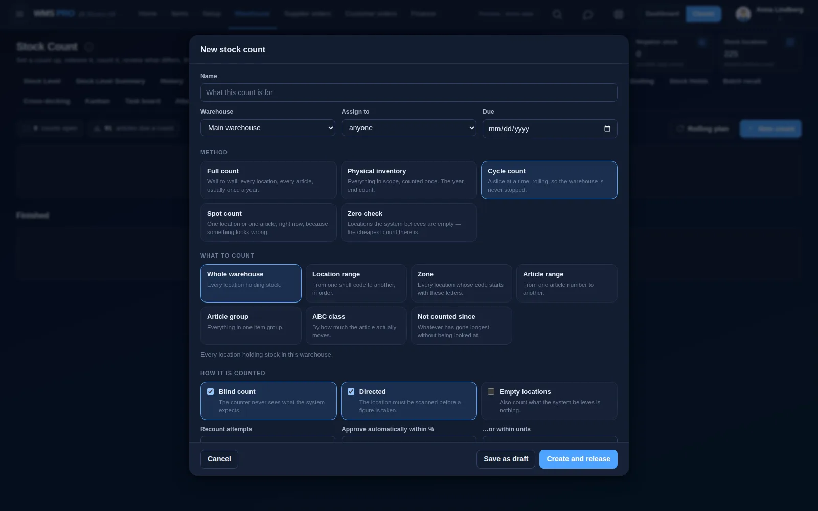 Raptool WMS screen for setting up a new stock count