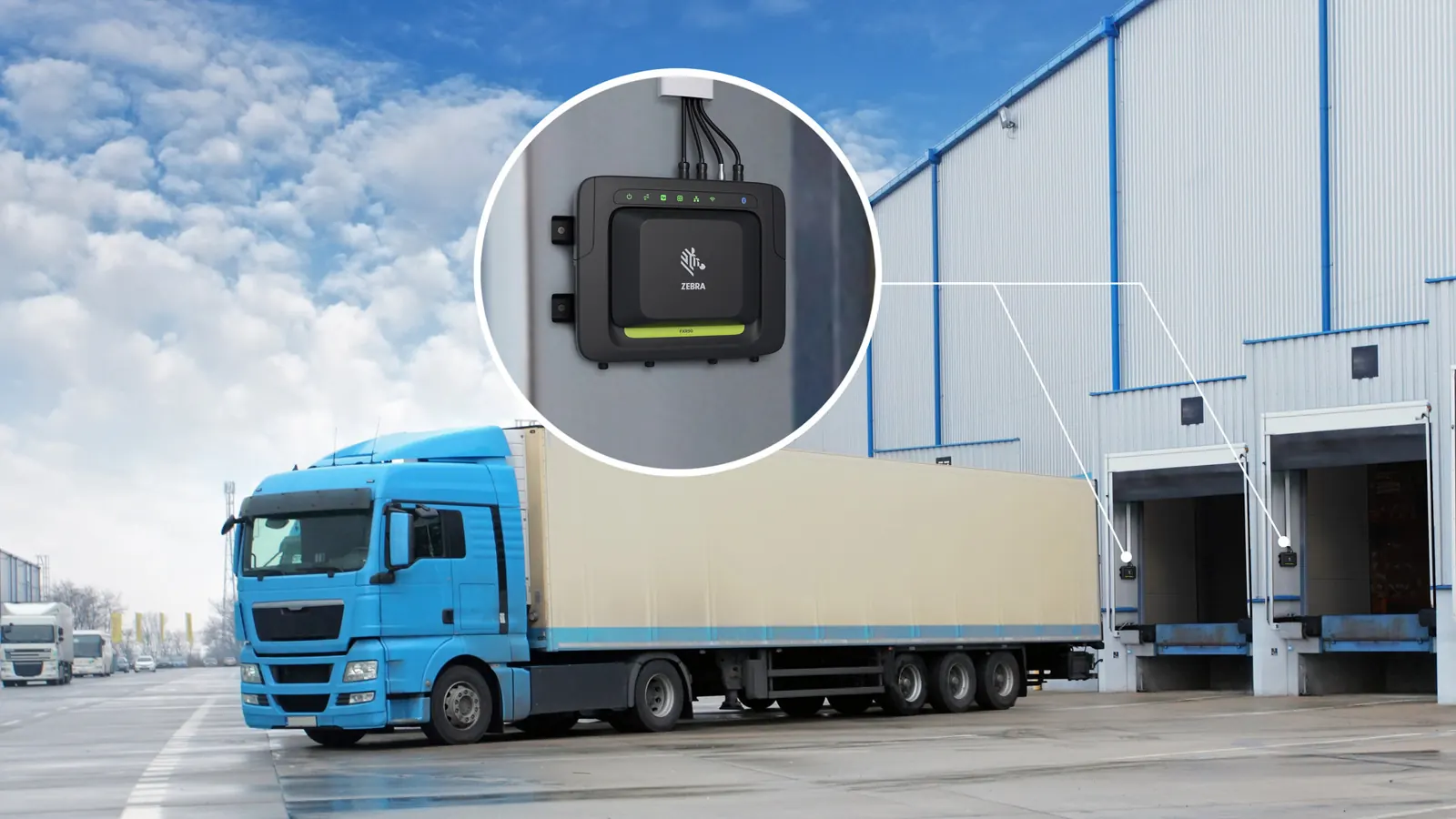 Truck at a distribution centre dock door with an RFID reader mounted on the wall