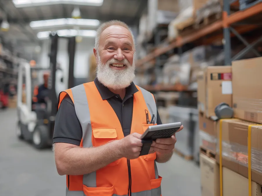 Warehouse foreman using a tablet next to a forklift