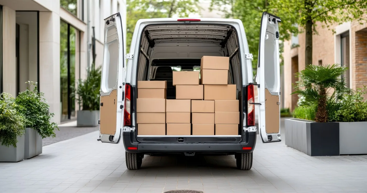 Delivery van loaded with parcels for shipping