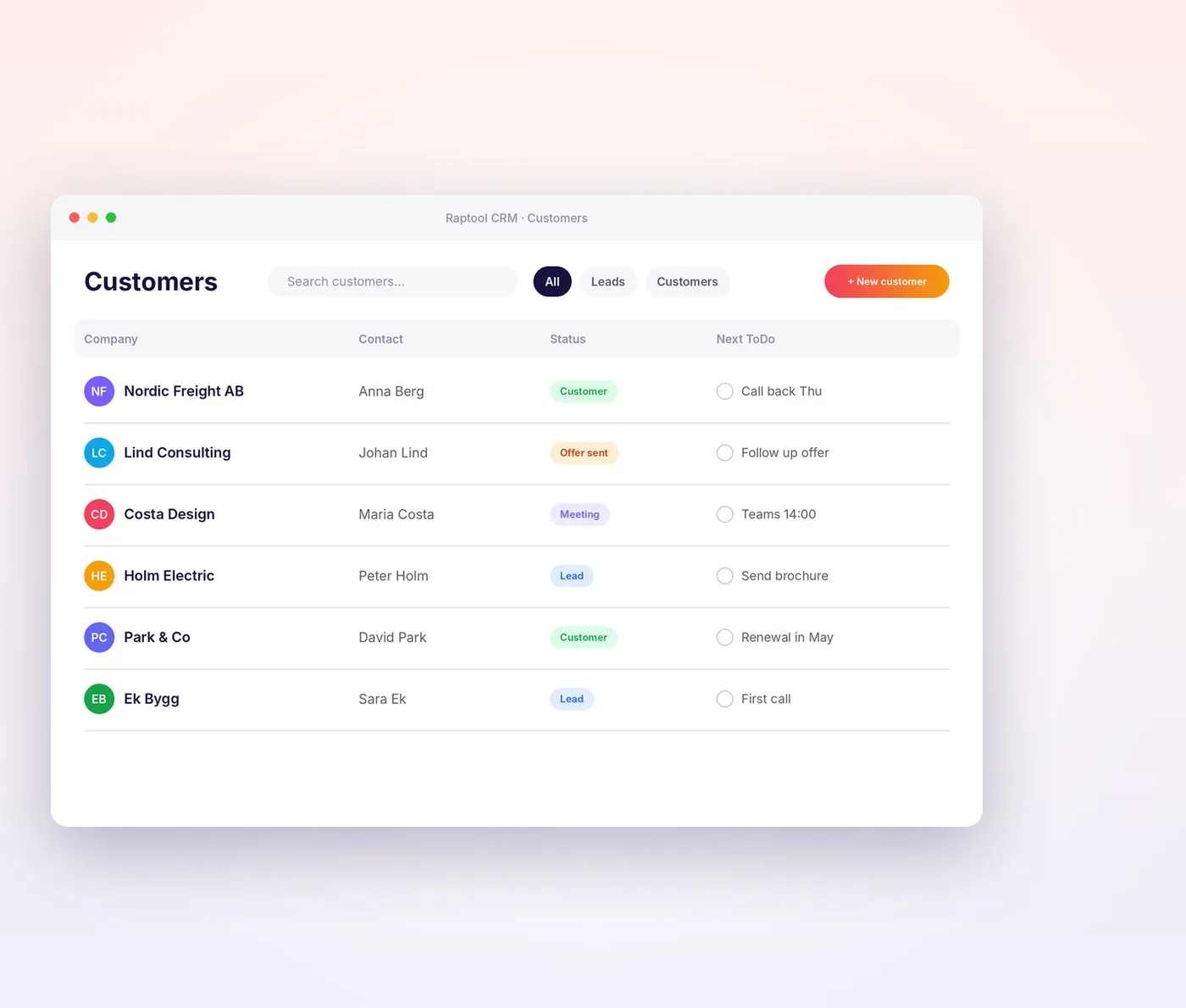 Raptool CRM customer list with status and next ToDo