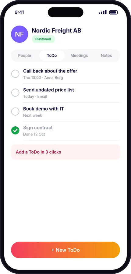 Customer ToDo list in the Raptool CRM app