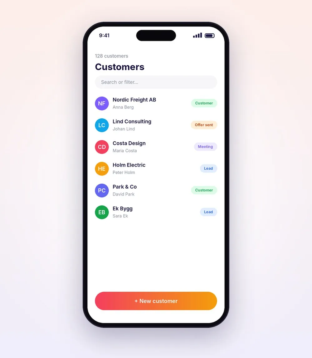 Customer list with status tags