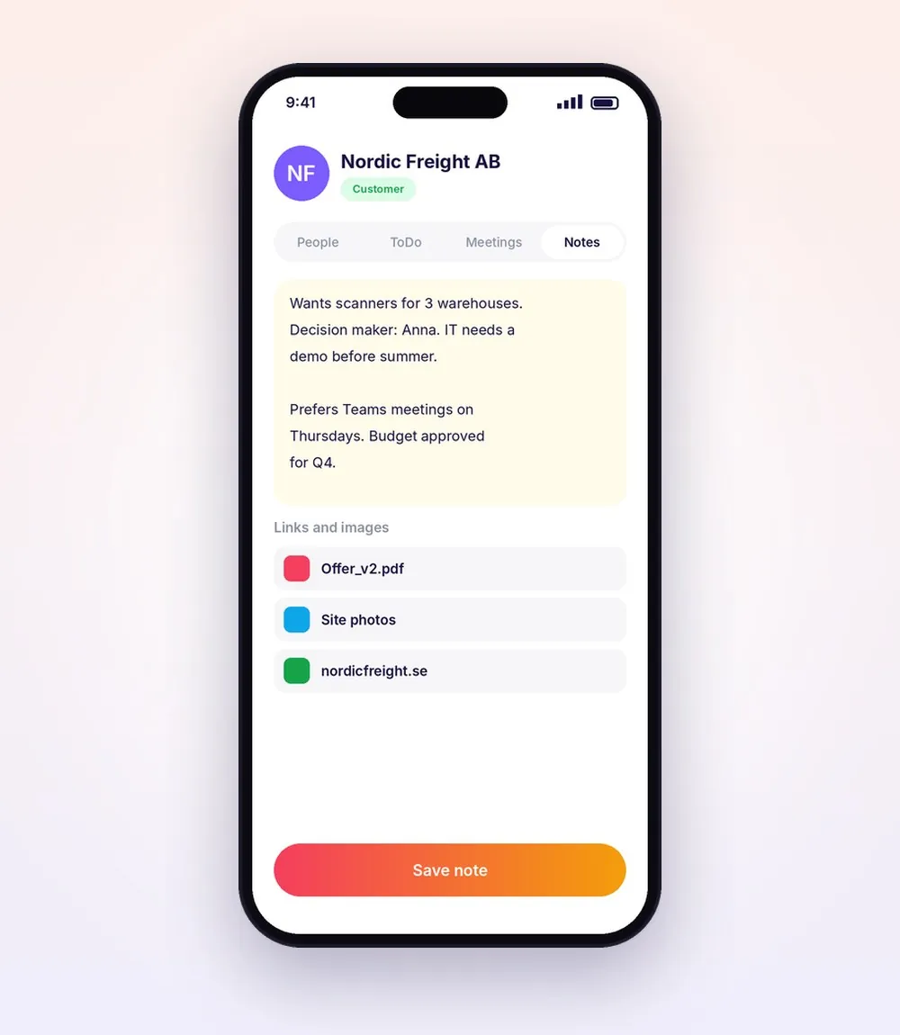 Customer notes with links and images