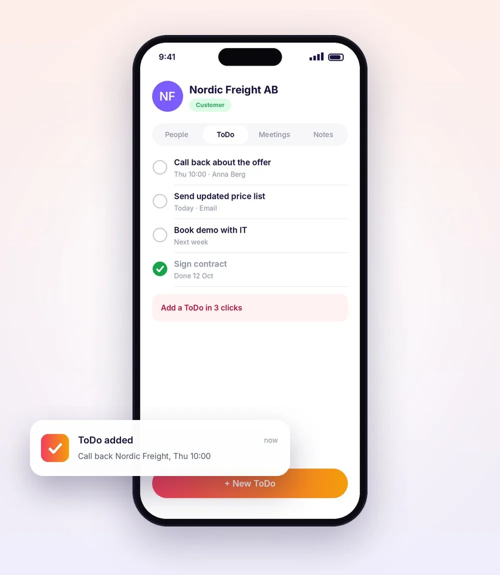 ToDo list for a customer with a ToDo added notification