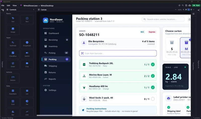 Raptool 8 App Designer avec un écran de packing WMS sur poste de travail