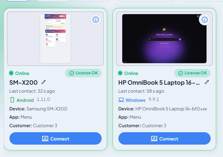 Device cards for a Samsung tablet and an HP laptop, both online with licence OK