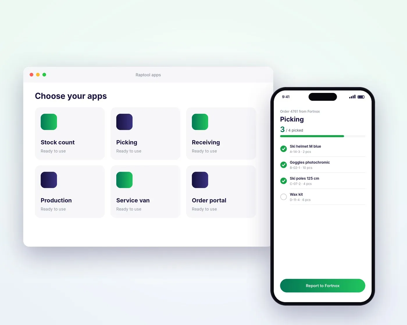 Ready-made Raptool apps and a picking app on a phone