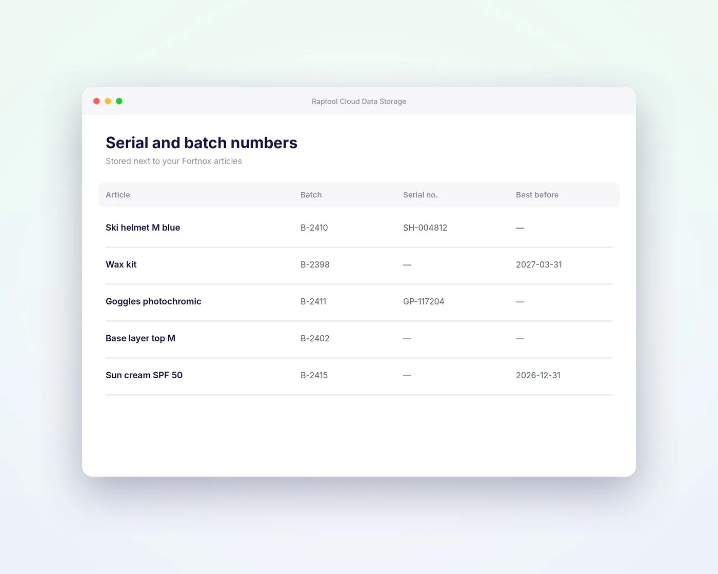 Serial and batch numbers stored in Raptool Cloud Data Storage