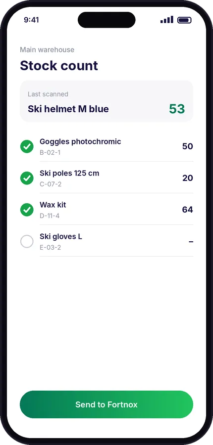 Stock count app sending counts to Fortnox