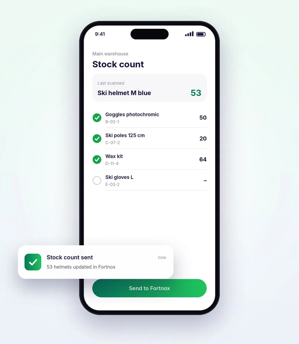 Stock count app with an update sent to Fortnox