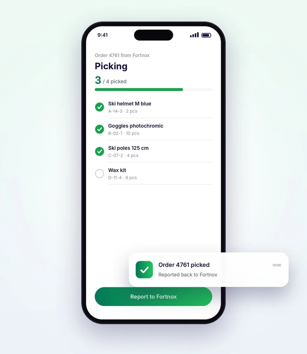 Picking app reporting an order back to Fortnox