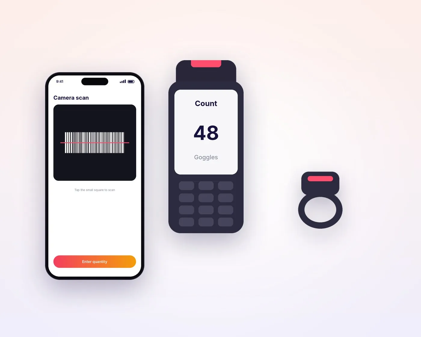 Counting on a phone with the camera, a rugged handheld scanner and a ring scanner