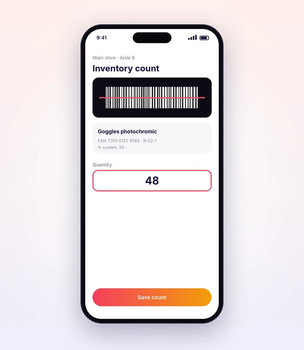 Scan screen with article details and quantity field