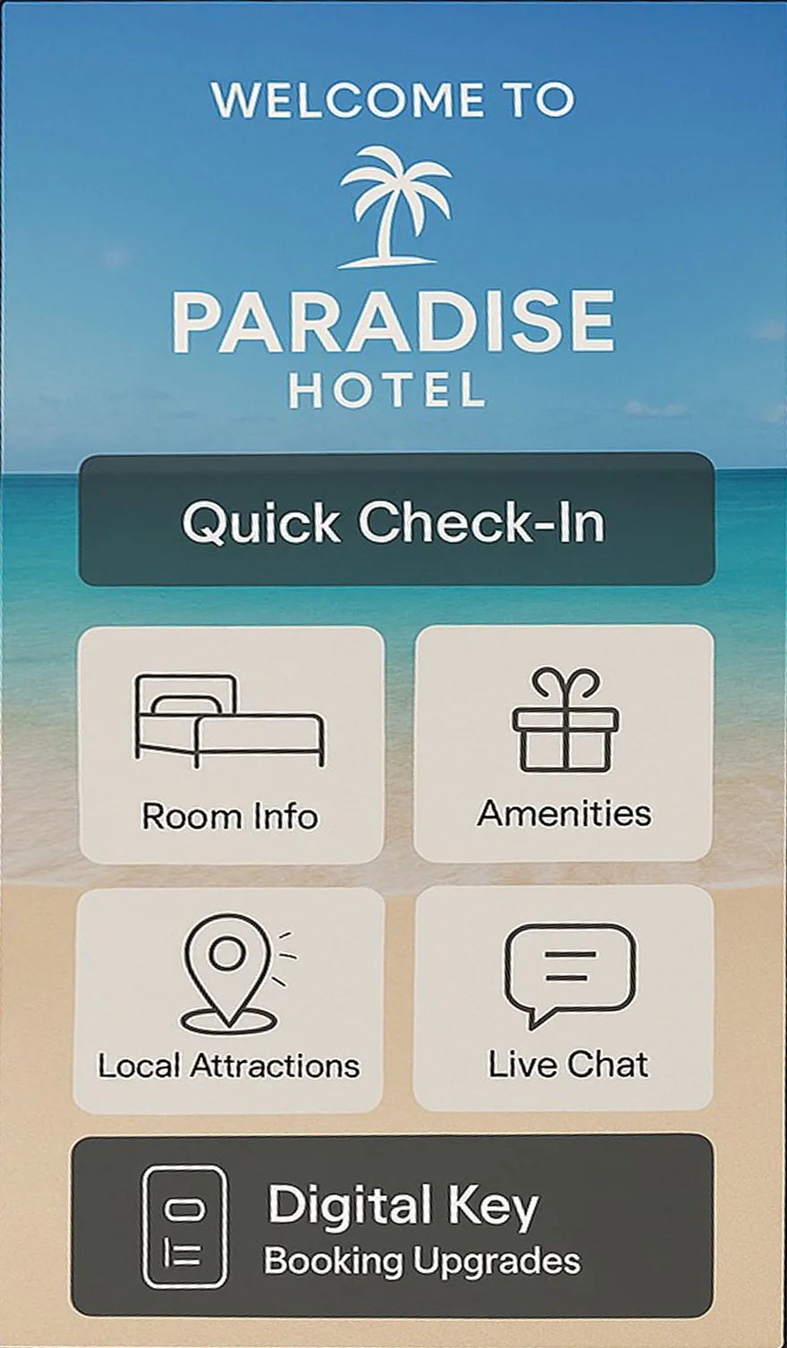 Self-service kiosk screen for hotel check-in