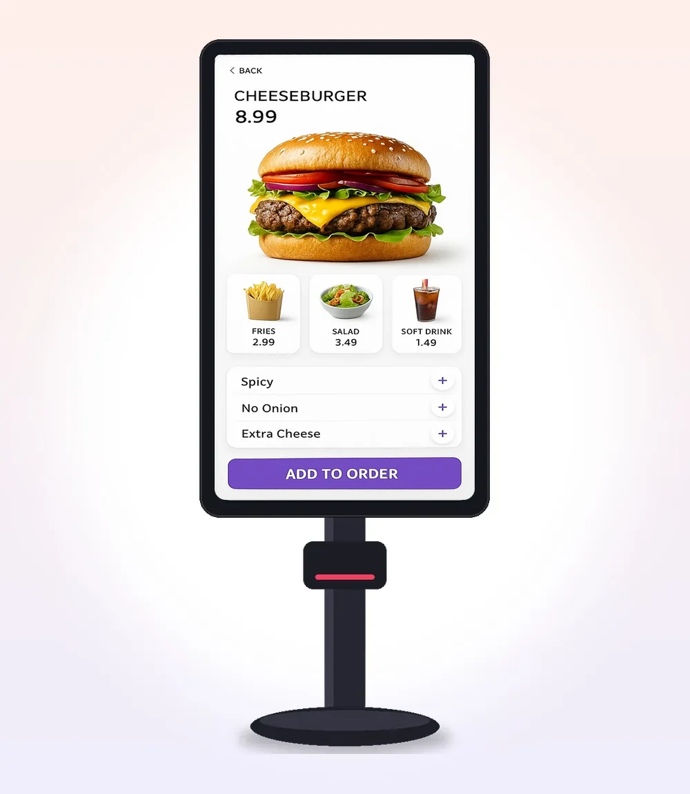Floor-standing kiosk showing a food takeaway order screen: cheeseburger, fries, salad and soft drink, with Add to order