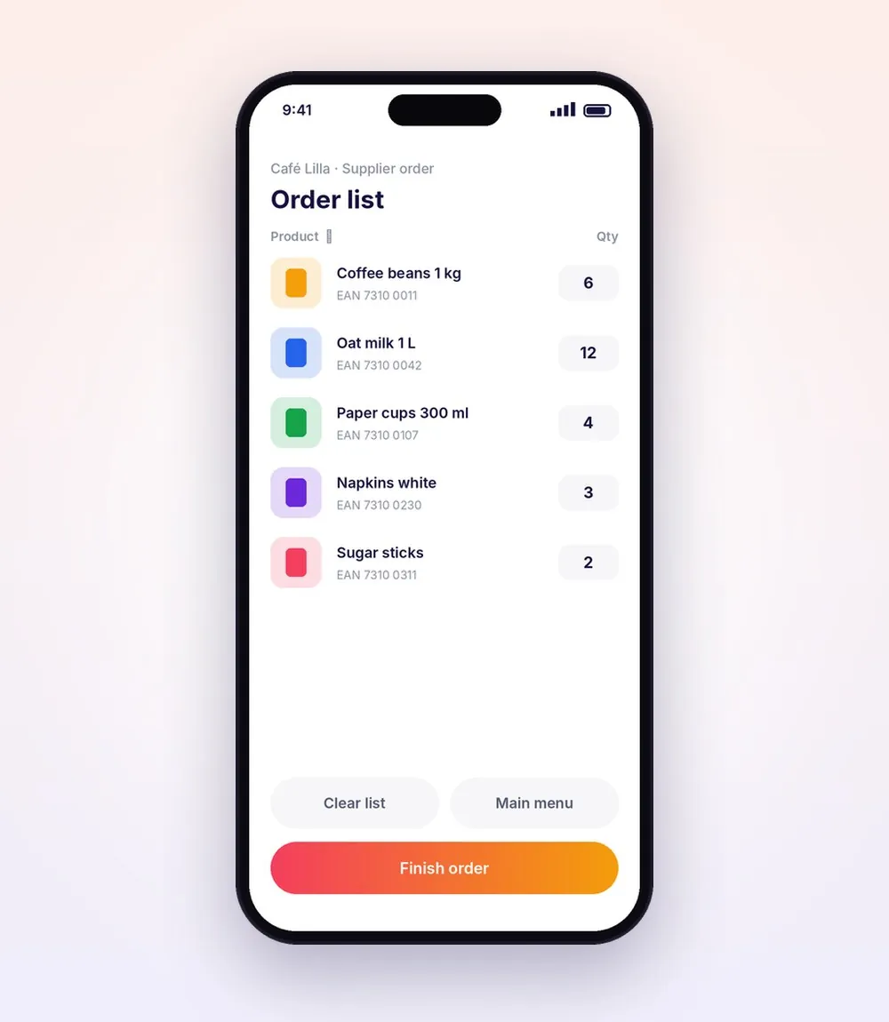 Order list with products and quantities