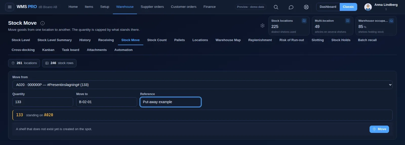 Stock Move screen with move from, quantity, move to and reference fields