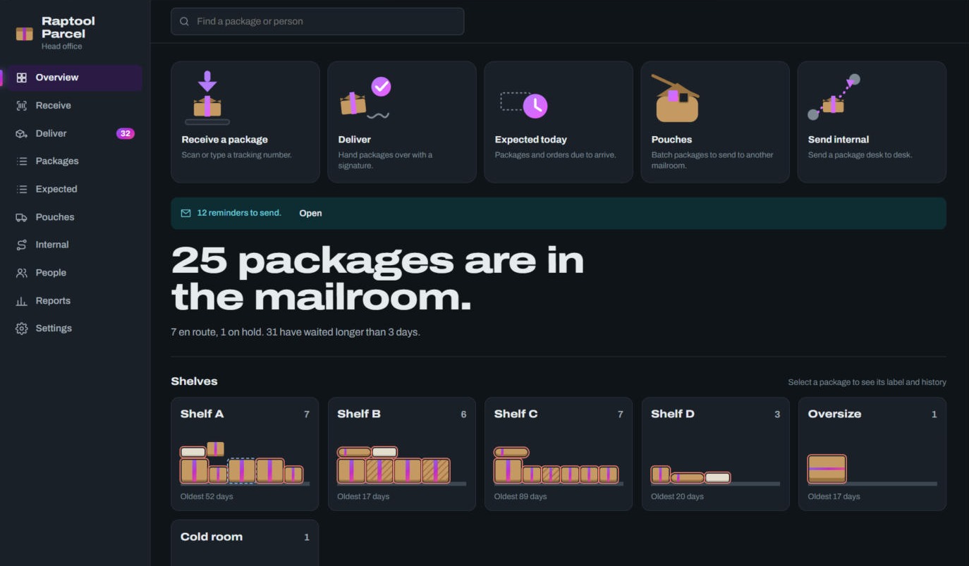 Raptool Parcel overview with shelves