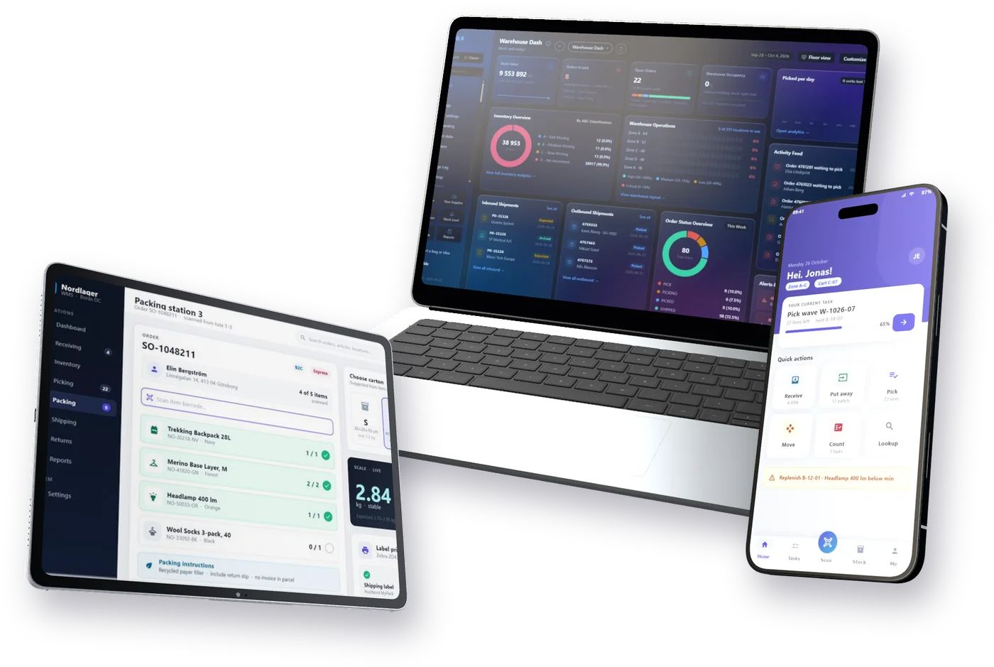 Raptool apps on a laptop, a tablet and a phone: WMS dashboard, a WMS packing station, and the WMS handheld home screen