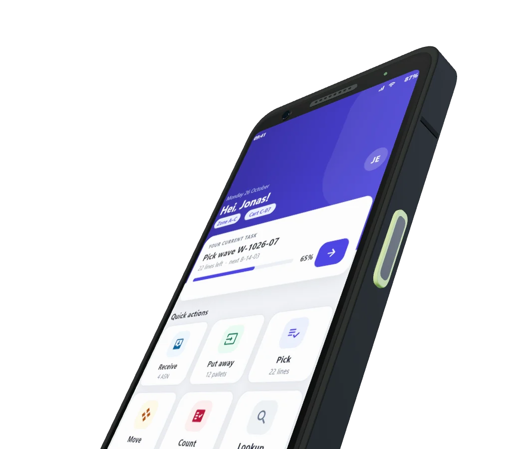 Rugged mobile device running WMS: Raptool WMS handheld home screen with the current pick task and quick actions