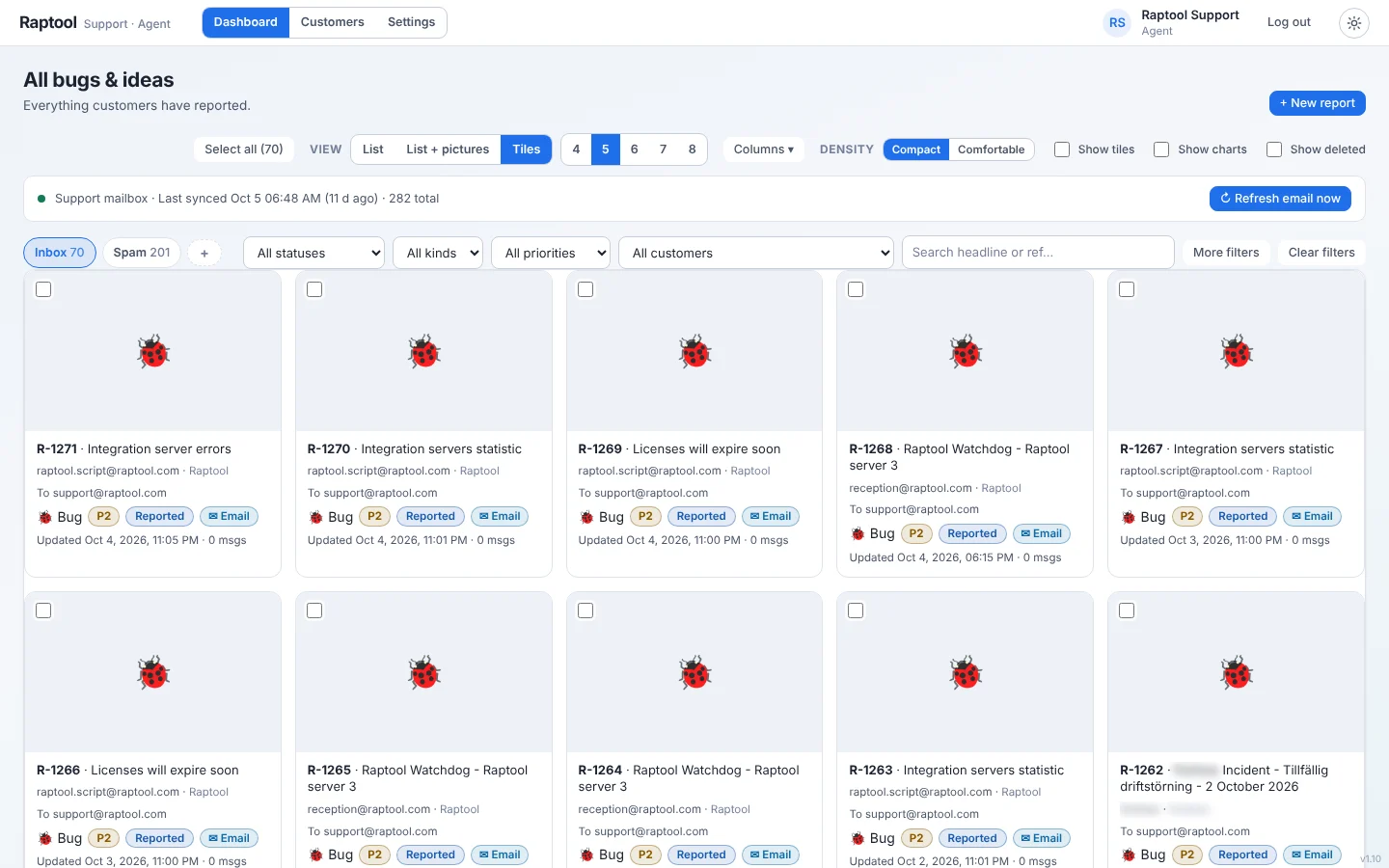 Raptool Bug Reporter inbox listing incoming bug reports
