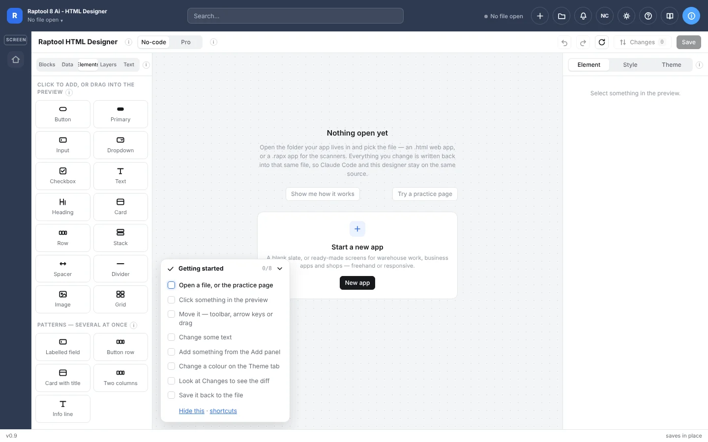 Raptool 8 HTML Designer start screen