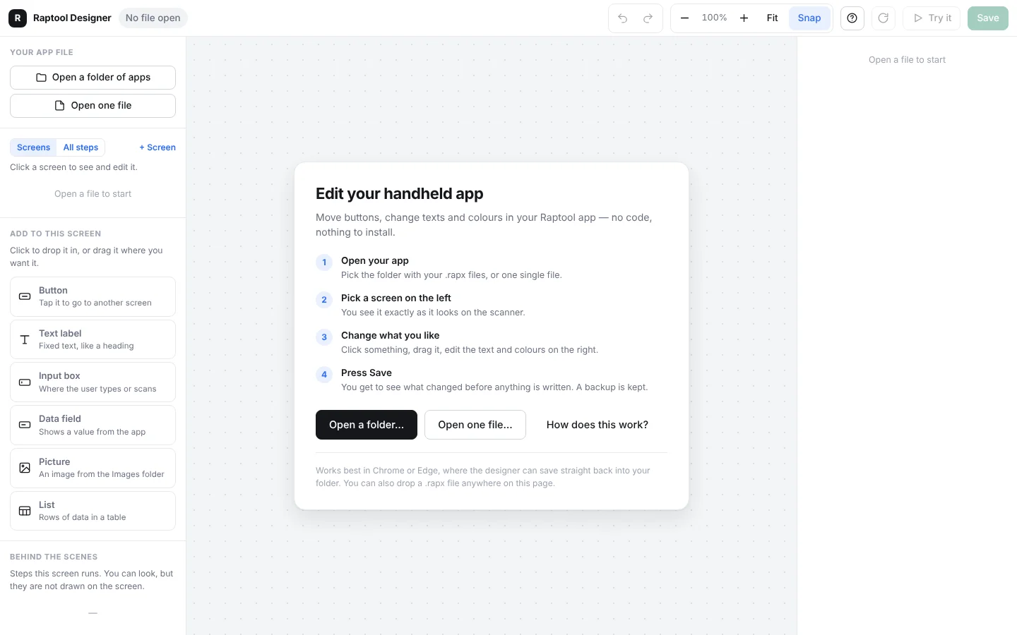 Raptool 8 App Designer start screen
