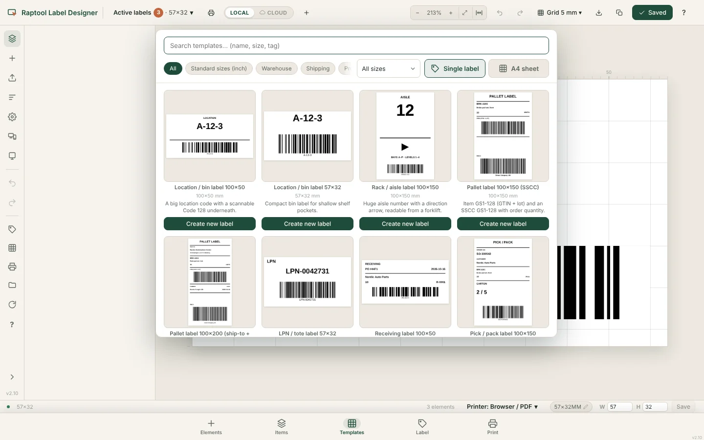 Raptool Label Designer templates list