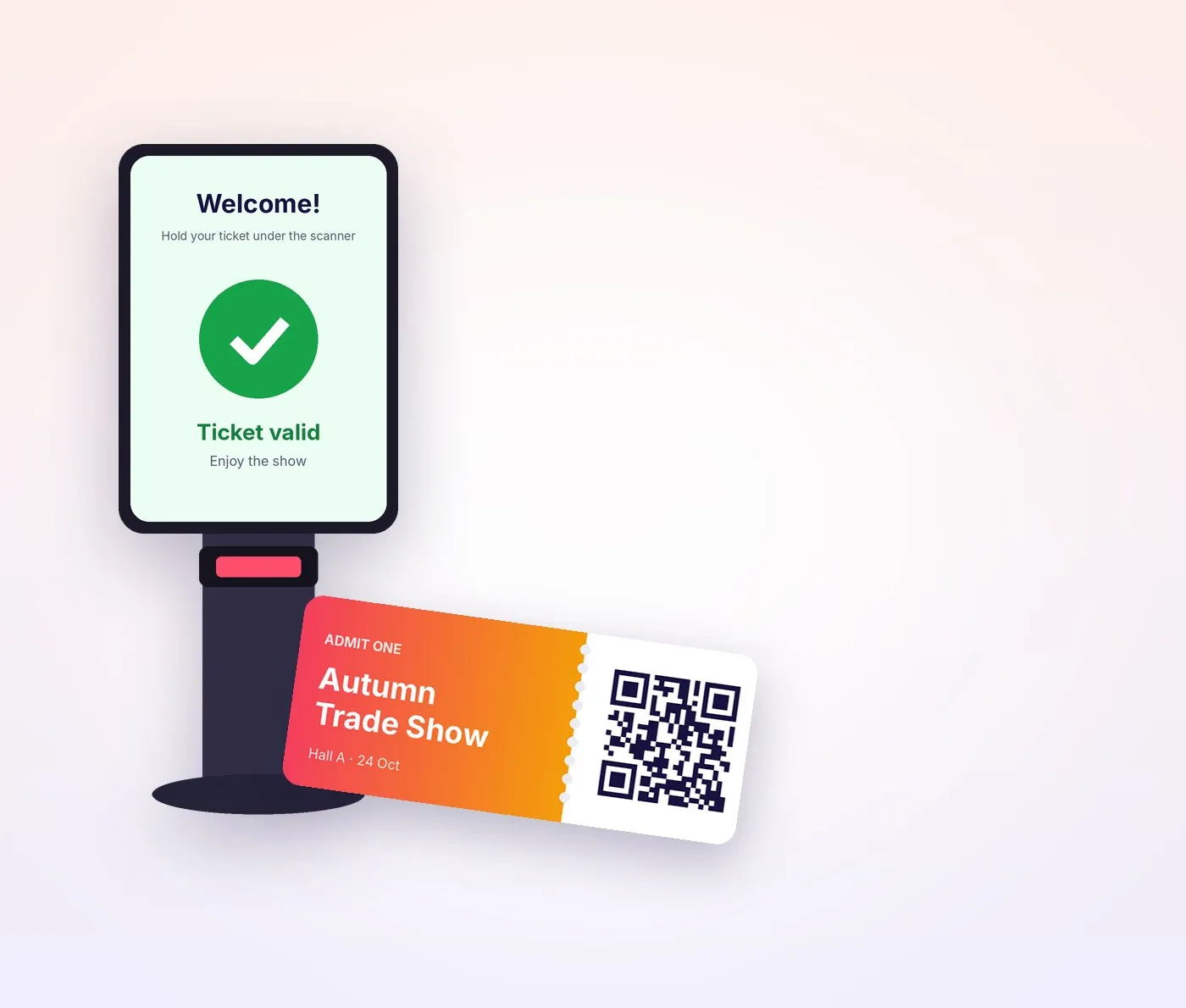 Scanner kiosk showing a valid ticket next to an event ticket