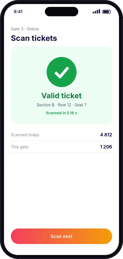 Ticket scanning app showing a valid ticket