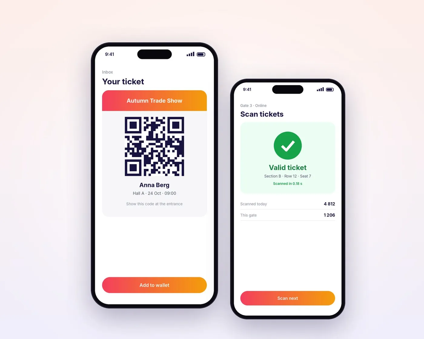 QR ticket sent by email and scanned at the gate