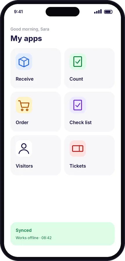 Raptool app menu with receive, count, order, check list, visitor and ticket apps