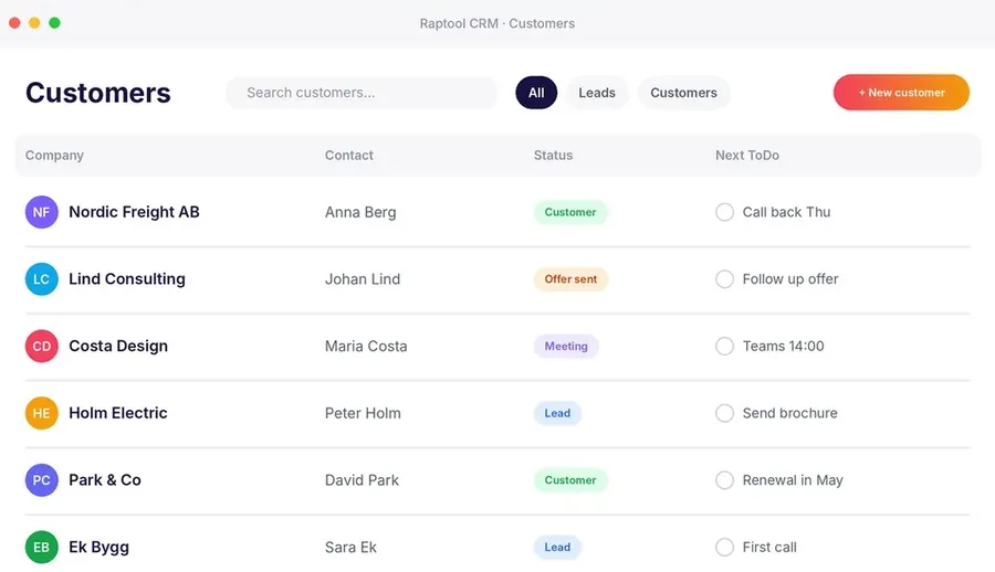 Raptool CRM customer list