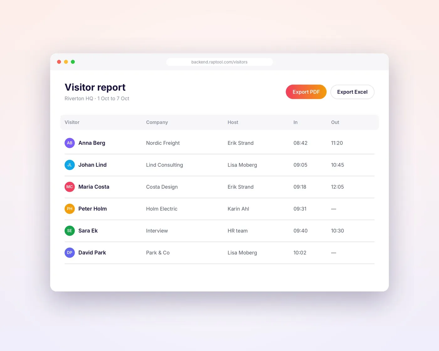 Visitor management report screen with one-click export