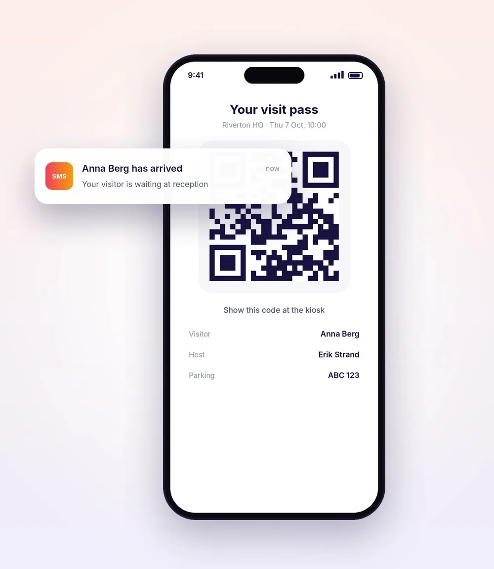 Visit pass with QR code for pre-registered visitors