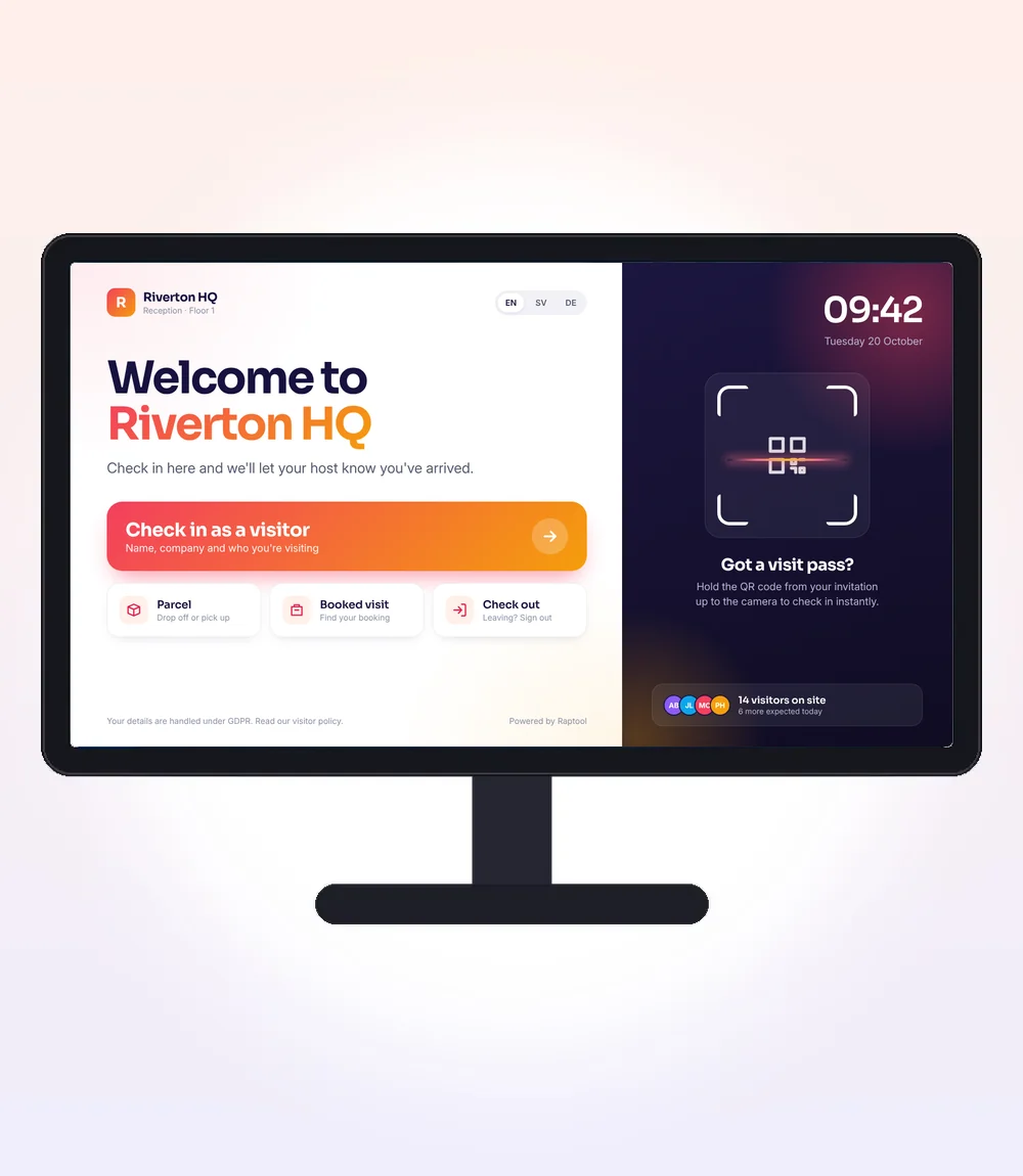 Visitor management kiosk sign-in screen with host notification